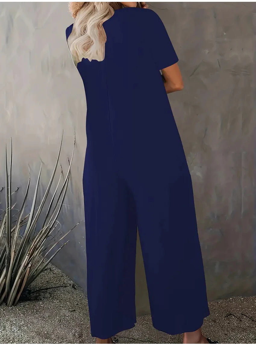 Plus Size 0XL-5XL Summer Rompers Overalls Women's Solid Color Jumpsuit with Pockets Casual Fashion Short Sleeve Jumpsuits