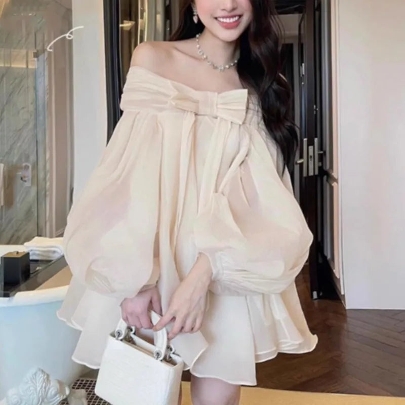 Matakawa Sweet Bow Vestidos Cortos Spring Summer Puff Sleeve Solid Slash Neck Women Dresses Birthday Party Elegant Mini Dress