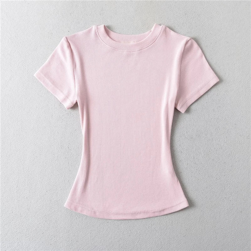 LUNDUNSHIJIA 2024 Summer Sexy Women Basic O-neck Short Sleeve T-shirt Ladies Slim Elasticity Cotton Tee Tops 12 Colors