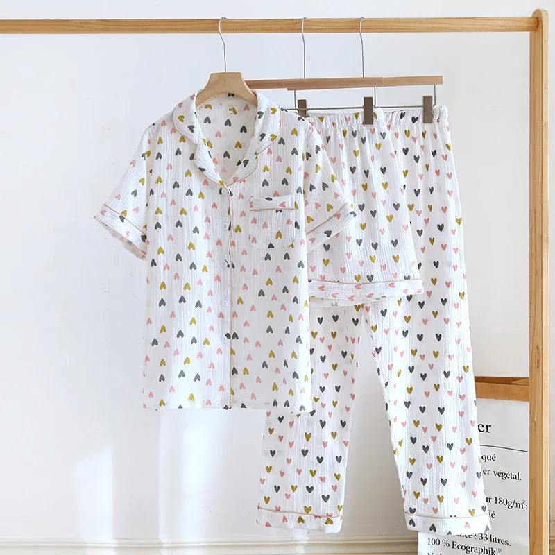 Small Love Heart Printed Cotton Pajamas for Women Three Piece Set Spring and Summer Short Sleeved Shorts Homewear Long Pants Set