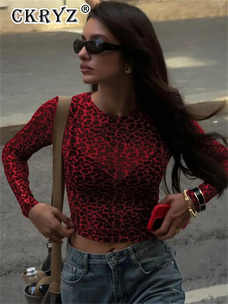 Ladies summer Leopard Print Clubwear Y2K Clothes Women Long Sleeve O-Neck Mesh See Through Slim T Shirt Holiday Streetwear Tees