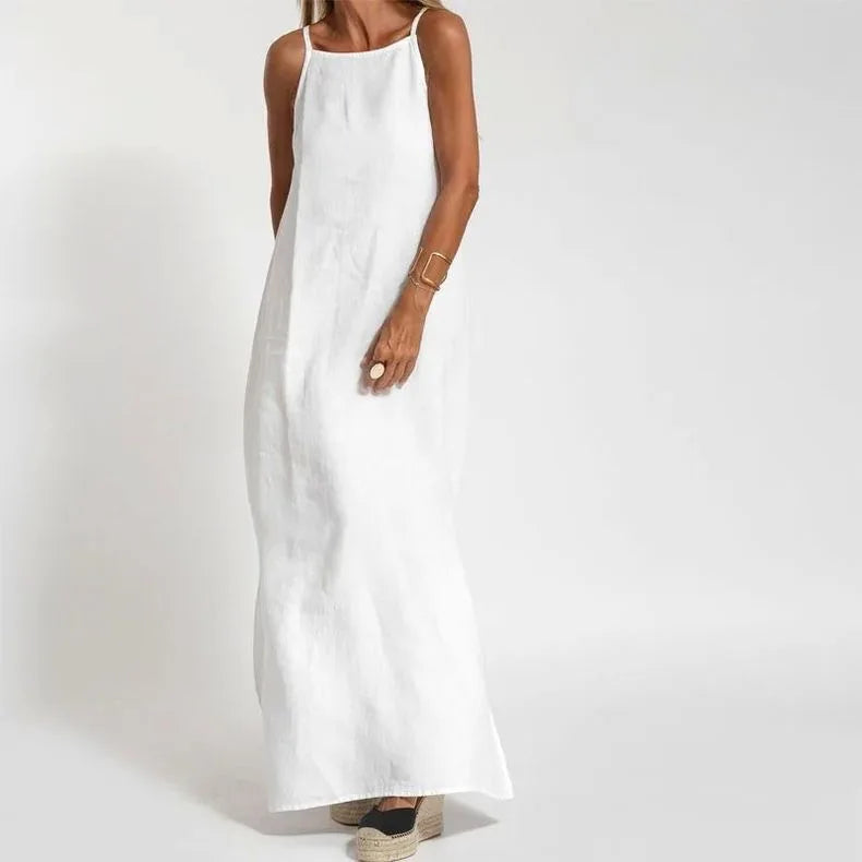 Women Cotton linen Side Split Long Slip Dress Summer Lady Strapless Solid Color Holiday Party Dresses FYY-10080