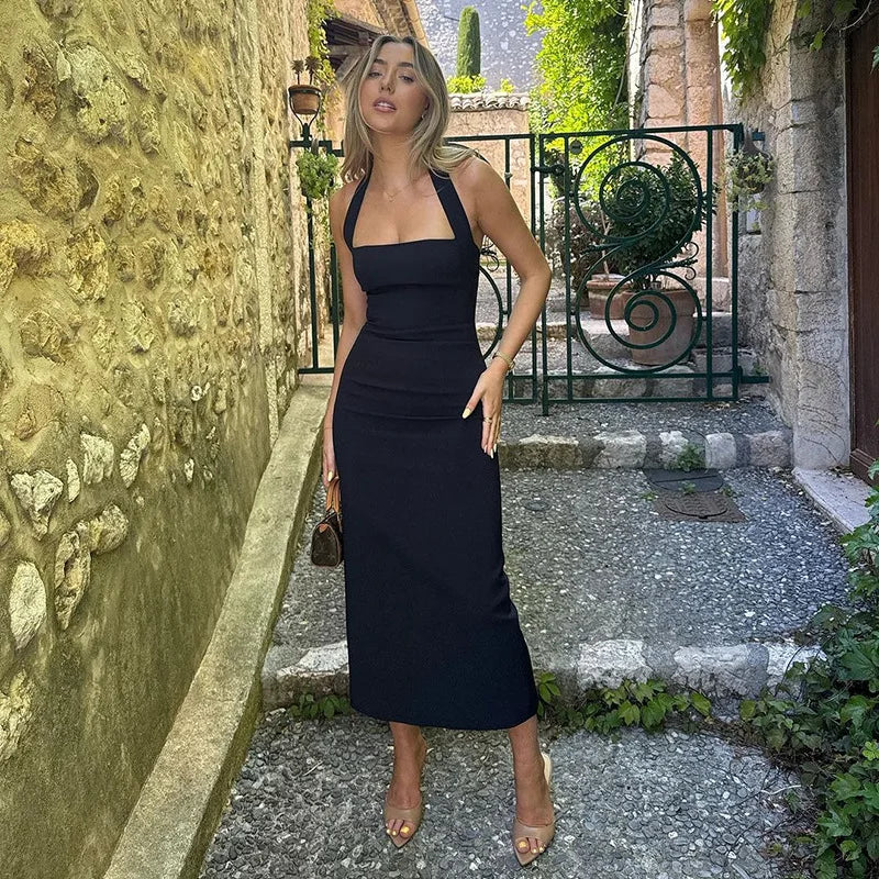 Ladies Summer Elegant New Midi Dress Women Sleeveless Backless Halter Long Dresses Evening Party Club Streetwear Woman Clothes