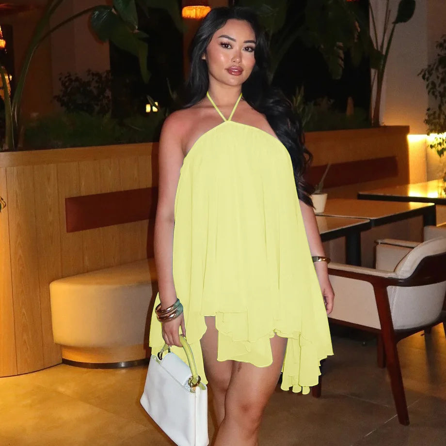 Ladies Summer Chiffon New Fashion Clubwear Dress Women Sleeveless Backless Halter Mini Dresses Birthday Party Streetwear Clothes