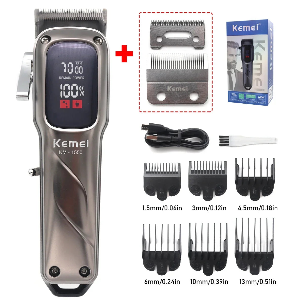 KEMEI Km-1550 Professional Hair Clipper for Men LED Display Low Noise Cordless USB Interface Hair Cutting Machine Hair Trimmer