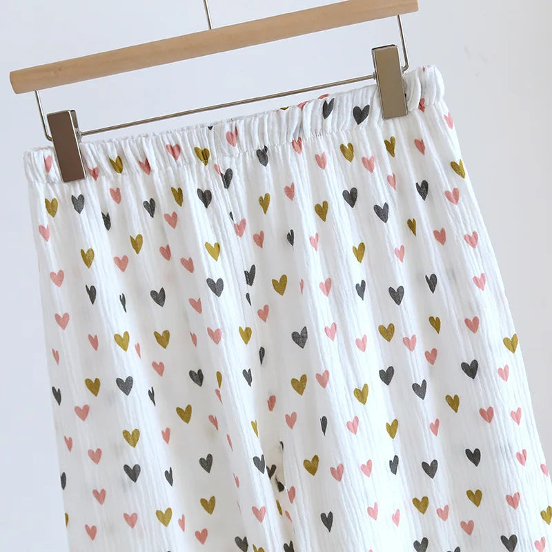 Small Love Heart Printed Cotton Pajamas for Women Three Piece Set Spring and Summer Short Sleeved Shorts Homewear Long Pants Set