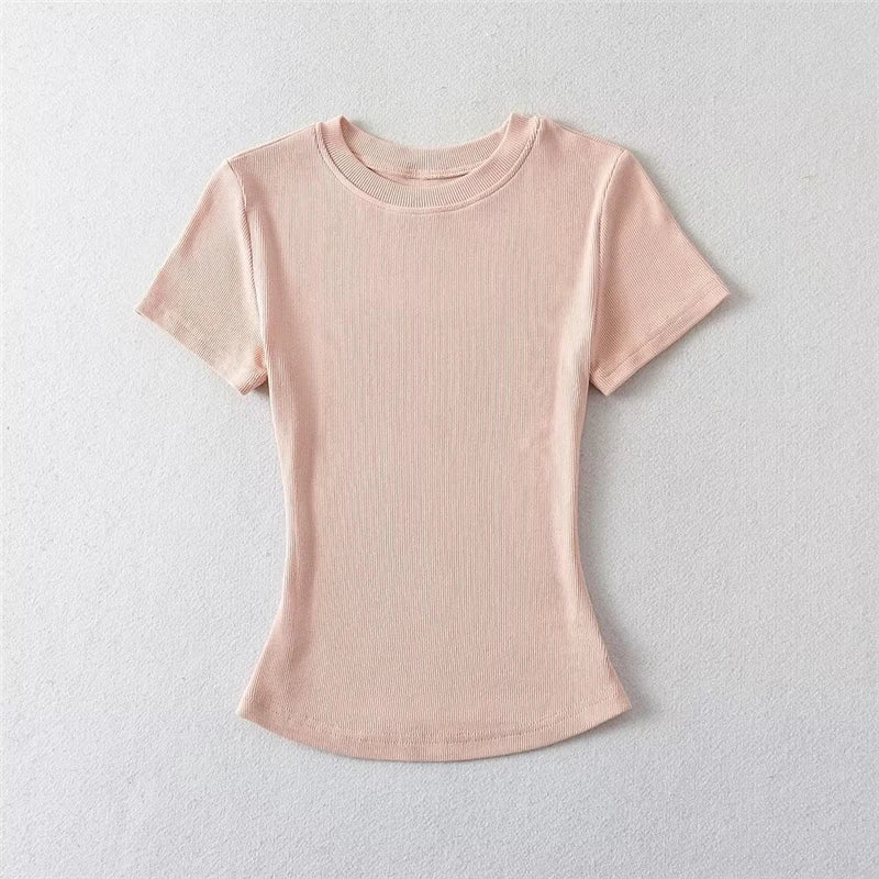 LUNDUNSHIJIA 2024 Summer Sexy Women Basic O-neck Short Sleeve T-shirt Ladies Slim Elasticity Cotton Tee Tops 12 Colors