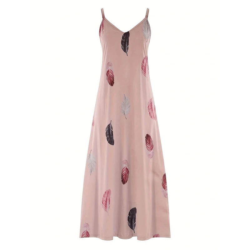 8Colour All-Season Chic Feather Print Maxi Dress Casual V-Neck Comfort Stretch Easy Care