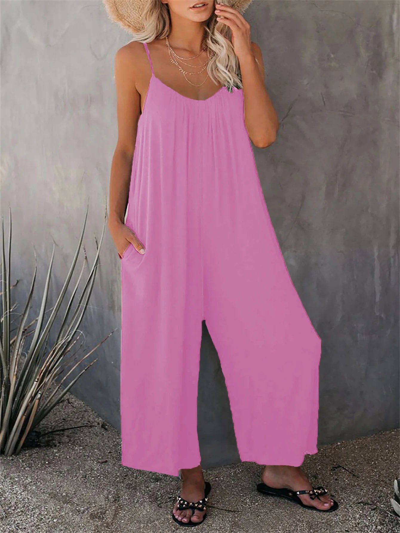 European and American Suspender Women's 2023 Summer New Foreign Trade Tolid Color Pocket Casual Jumpsuit