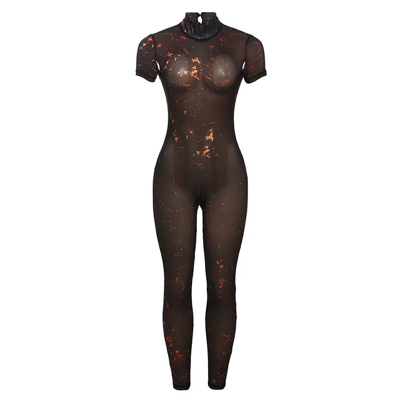 Nibber Colorful Print Jumpsuit Women Mesh See Through Coquette Summer Backless Peach Buttocks Tight Activity Clubwear Overalls