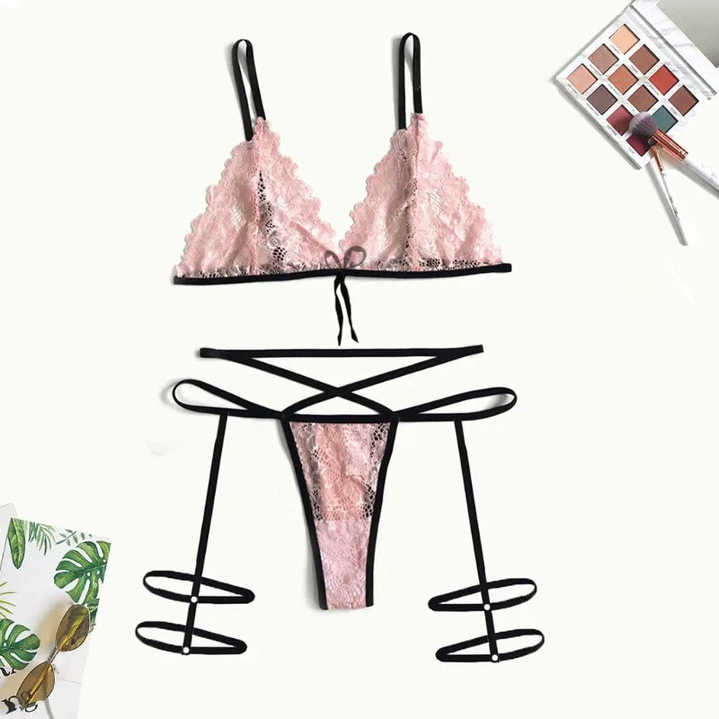 Tornova Sexy Halter Underwear Suit Women's Sexy Lace Mesh Patchwork Hollow Out Garters Lingerie Sexy Contrast Color Lingerie Set