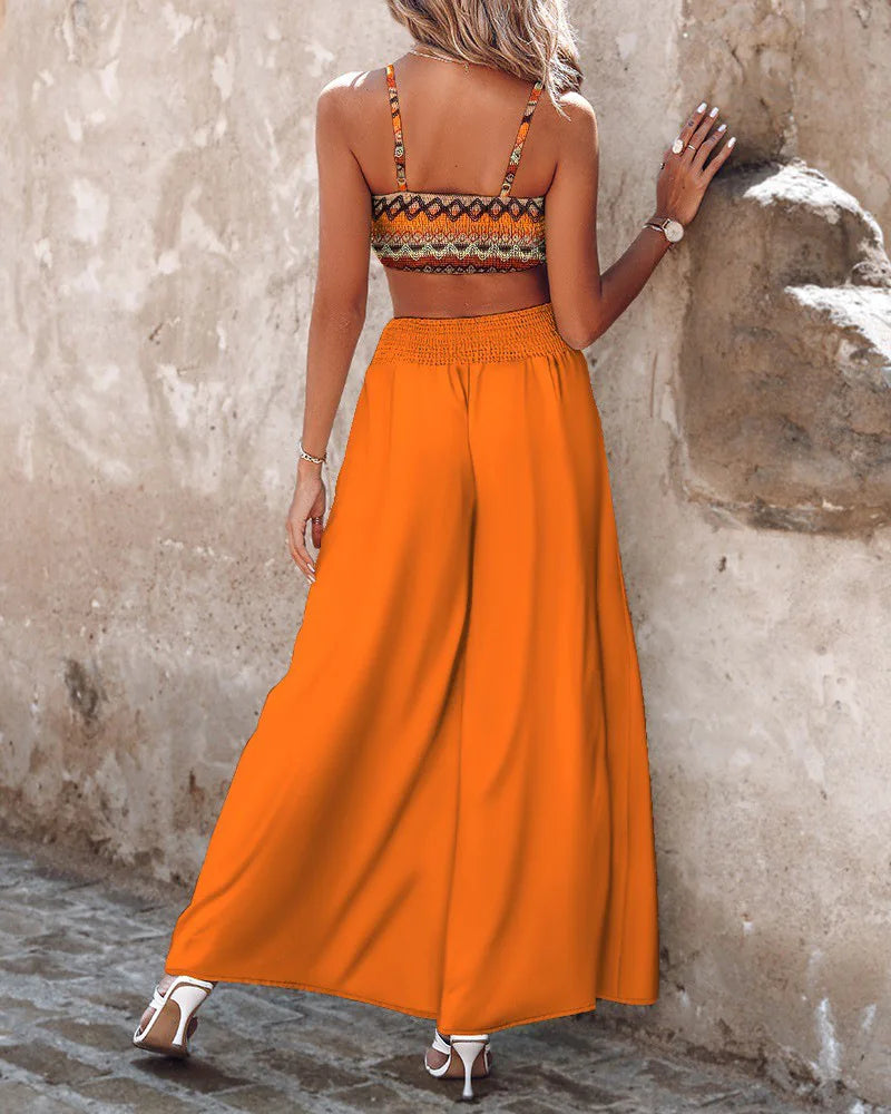 Women's 2024 Summer New Commuter Sexy Sleeveless Short Strap Pants Two Piece Set Fashion Printed Strap Wide Leg Pants Set
