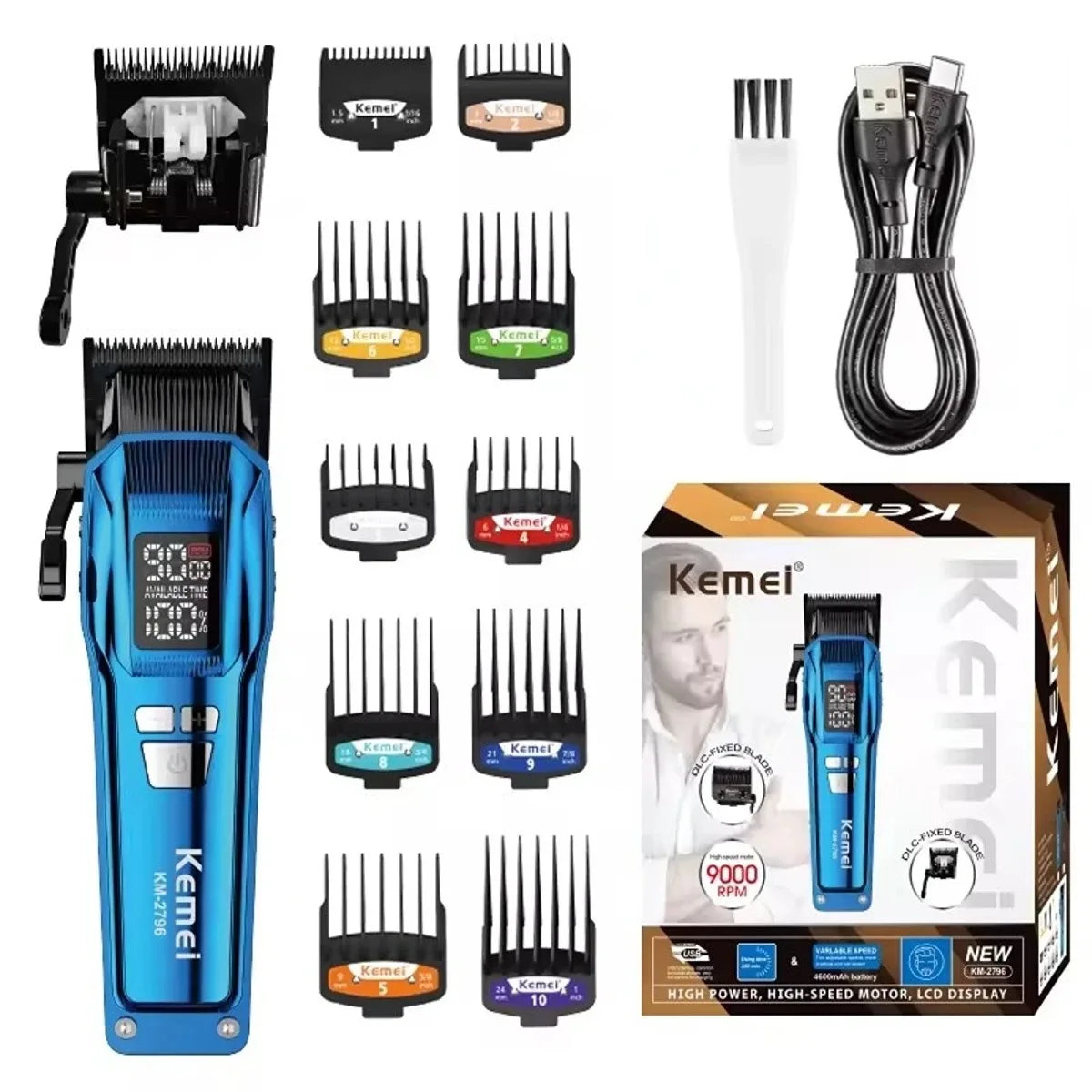 Kemei 2796 Barber Hair Clipper Professional Brushless Motor Fade Haircut Machine Electric Trimmer Hair Cutter for Men 9000RPM