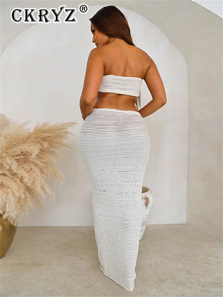 Ladies Autumn 2 Pieces Vacation Streetwear Skirt Set Women Sleeveless Backless Tube Crop Top Maxi Dress Clubwear Fall Outfits