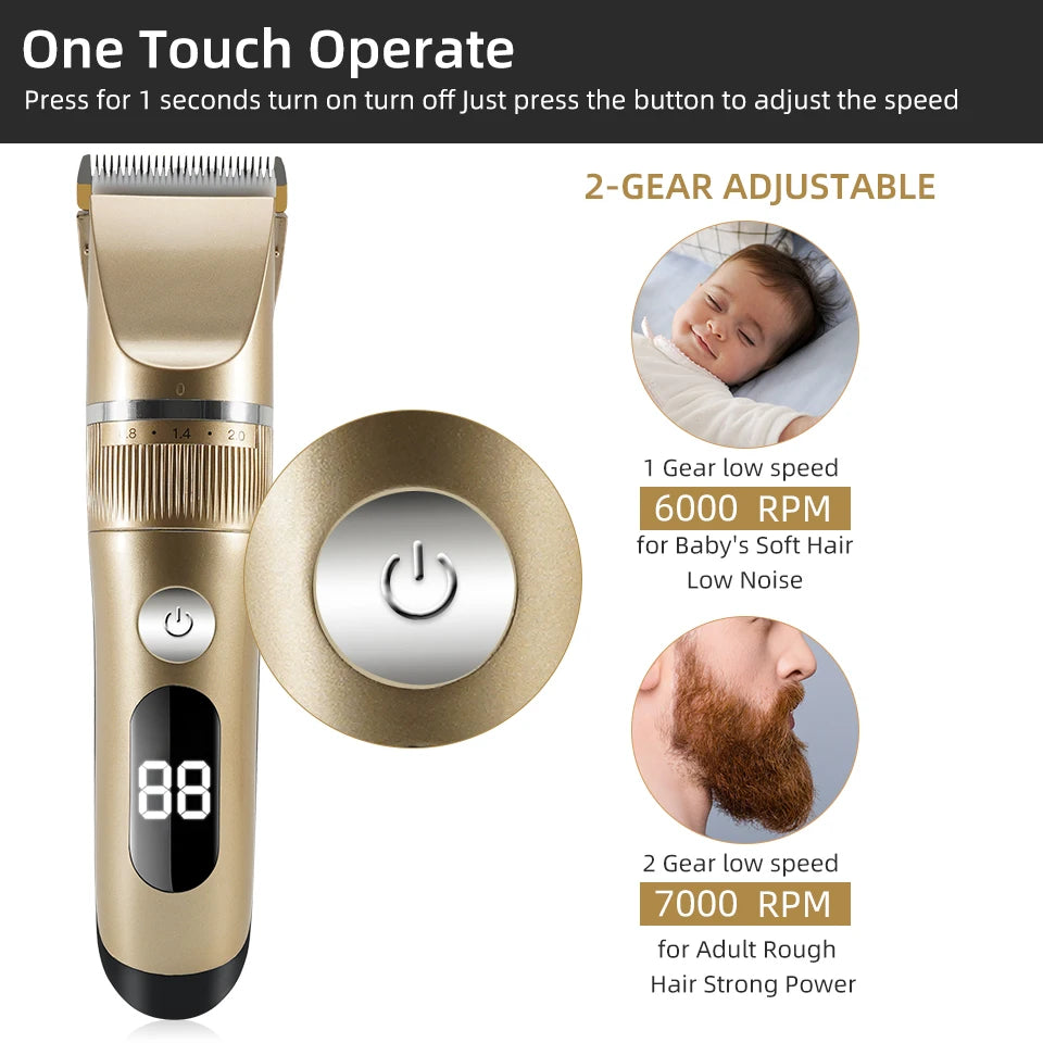 Professional Hair Clipper Electric Men's Trimmer Rechargeable Hair Cutting Machine LCD Display Head Trimmer 2 Gears