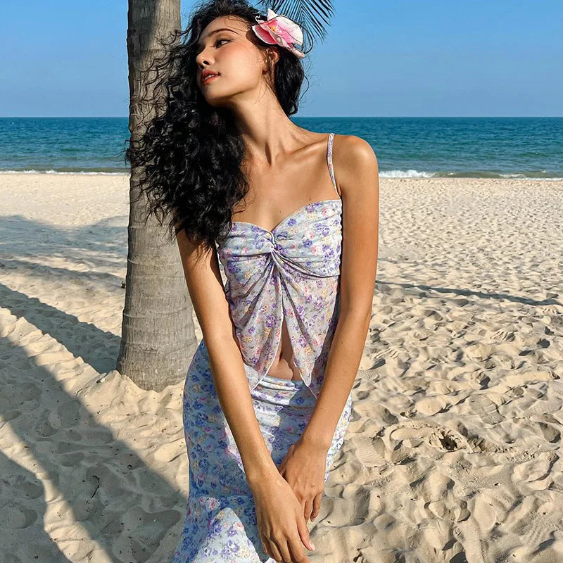 Ladies Summer Vacation Fashion 2 Pieces Set Women Sleeveless Backless Top Long Skirts Matching Sets Woman Clothes Party Holiday