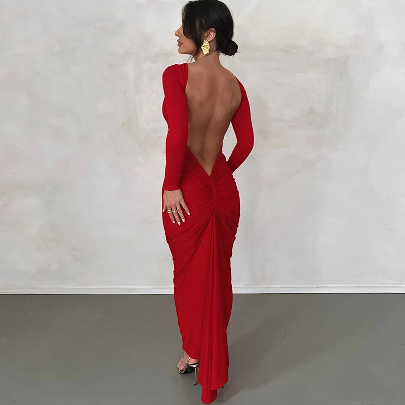 Ladies Autumn Elegant Evening Party Dress Women Long Sleeve Backless Ruched Fashion Long Dresses Woman Clothes Birthday Clubwear