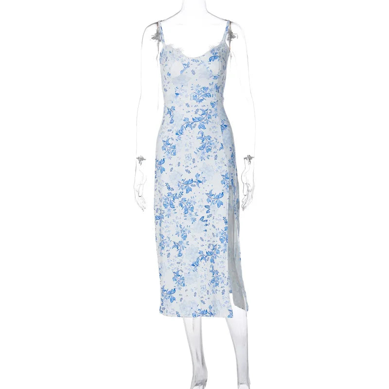 Ladies Summer Floral Print Fashion Evening Party Dress Women Sleeveless Backless Side Slit Midi Dresses Woman Clothes Clubwear