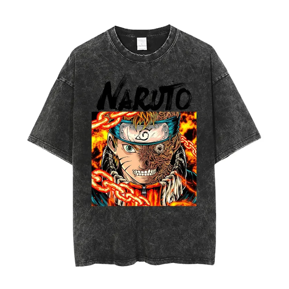 Men Washed Anime Naruto Print T Shirt Hip Hop Streetwear T-Shirt Harajuku Cotton Short Sleeve Casual Tshirt Summer Tops Tees