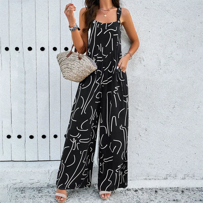 Women's Clothing Spring Summer New Fashion Button Sexy Sleeveless Suspender Temperament Printed Casual Belt Pocket Jumpsuit