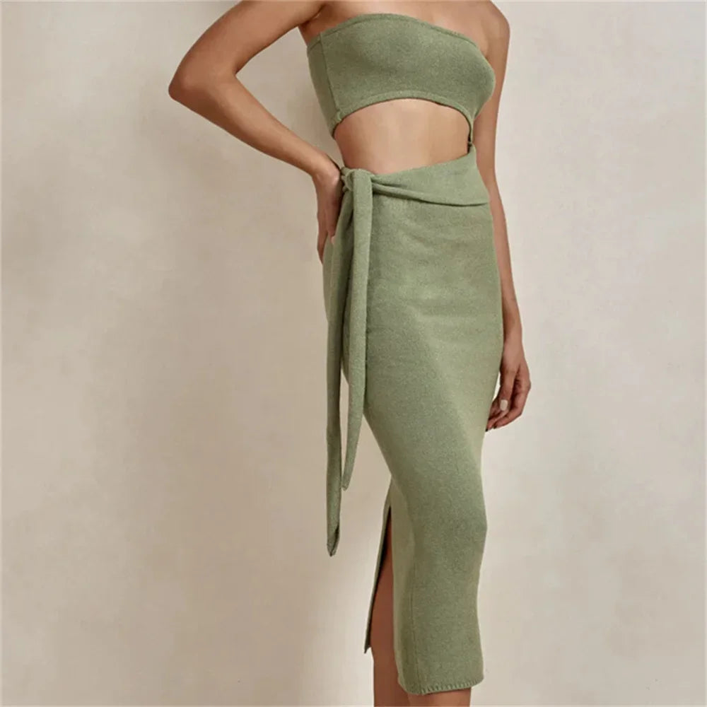 Knitted Strapless Dress Cut Out Bandage Bodycon Midi Slit Tube Top Dresses Y2K Fashion Women Wrap Hip Lace Up Knitwears Vestidos