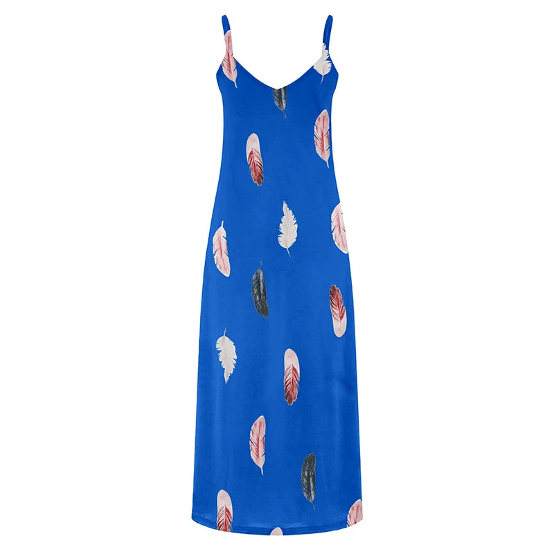 8Colour All-Season Chic Feather Print Maxi Dress Casual V-Neck Comfort Stretch Easy Care