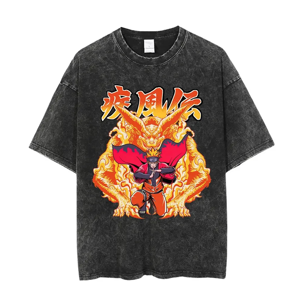 Men Washed Anime Naruto Print T Shirt Hip Hop Streetwear T-Shirt Harajuku Cotton Short Sleeve Casual Tshirt Summer Tops Tees