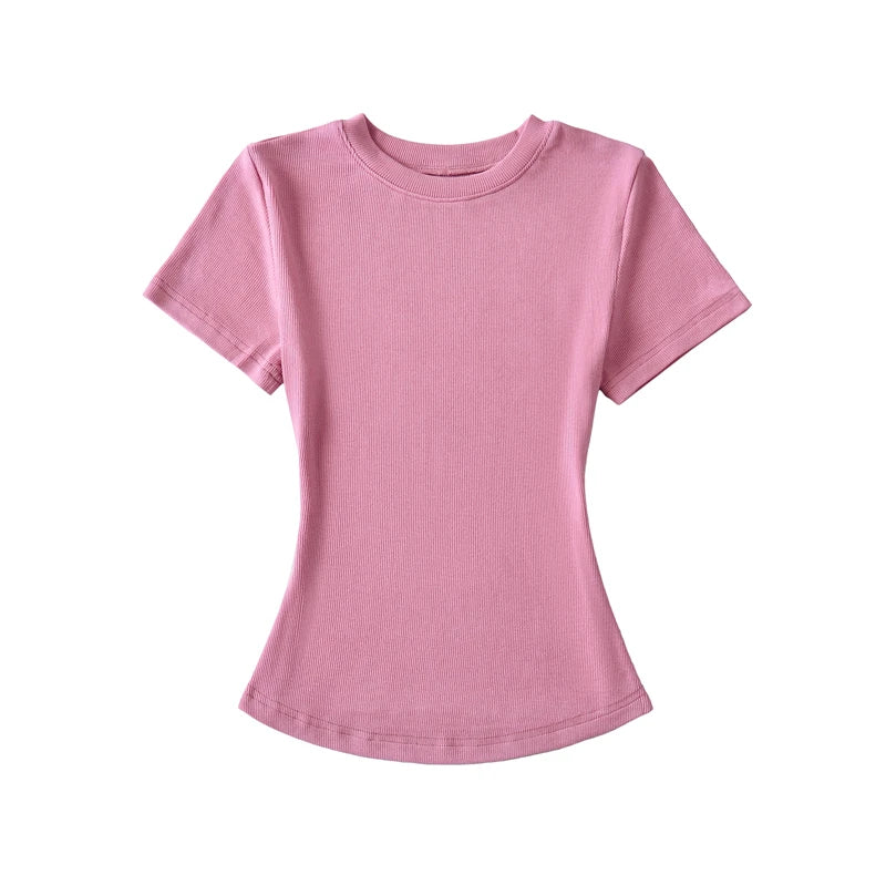 LUNDUNSHIJIA 2024 Summer Sexy Women Basic O-neck Short Sleeve T-shirt Ladies Slim Elasticity Cotton Tee Tops 12 Colors