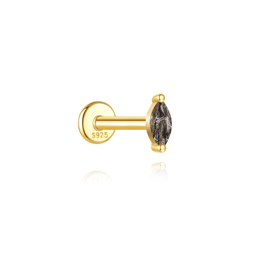 CANNER 1PC Natural Black Hair Quartz 925 Sterling Silver Horse Eye Flat Head Thread Puncture Earring Flower Piercing Earring