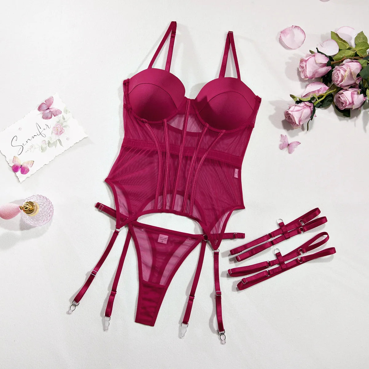 Koltailace Mesh Lingerie Luxury Brand Bodysuit Backless Tops for Women 3 Piece Lingerie Set with Garter Sexydresses for Women