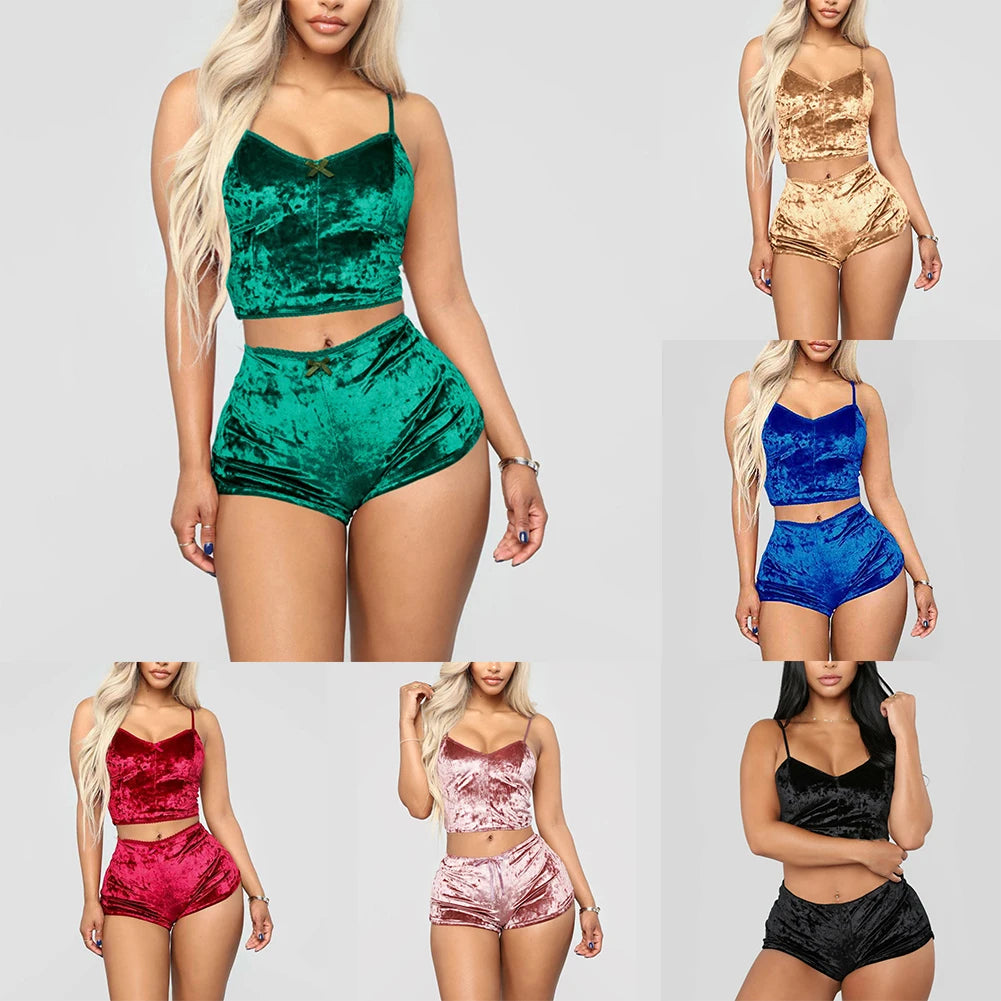 Women Summer Sexy Nightwear V-neck Lingerie Suspender Sleepwear Underwear Crop Tops Shorts Pajamas Set Solid Ladies Nightgown