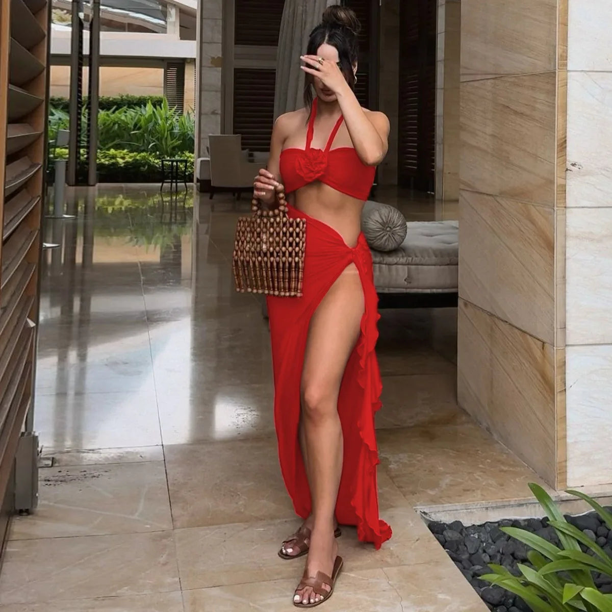 Ladies Matching Suit Applique Strapless Ruched Crop Top Ruffles Split Midi Dress Set Women Summer Party Club Y2K Fashion Outfits