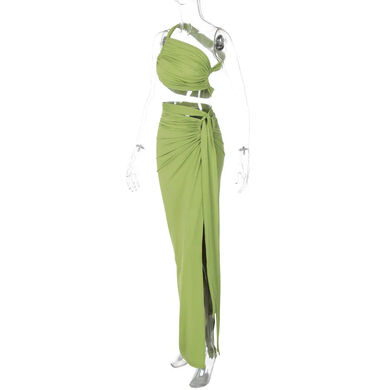 Ladies Summer 2 Pieces Set Women Sleeveless Backless Strap Spit Crop Top Side Slit Slim Long Skirt Evening Party Club Streetwear