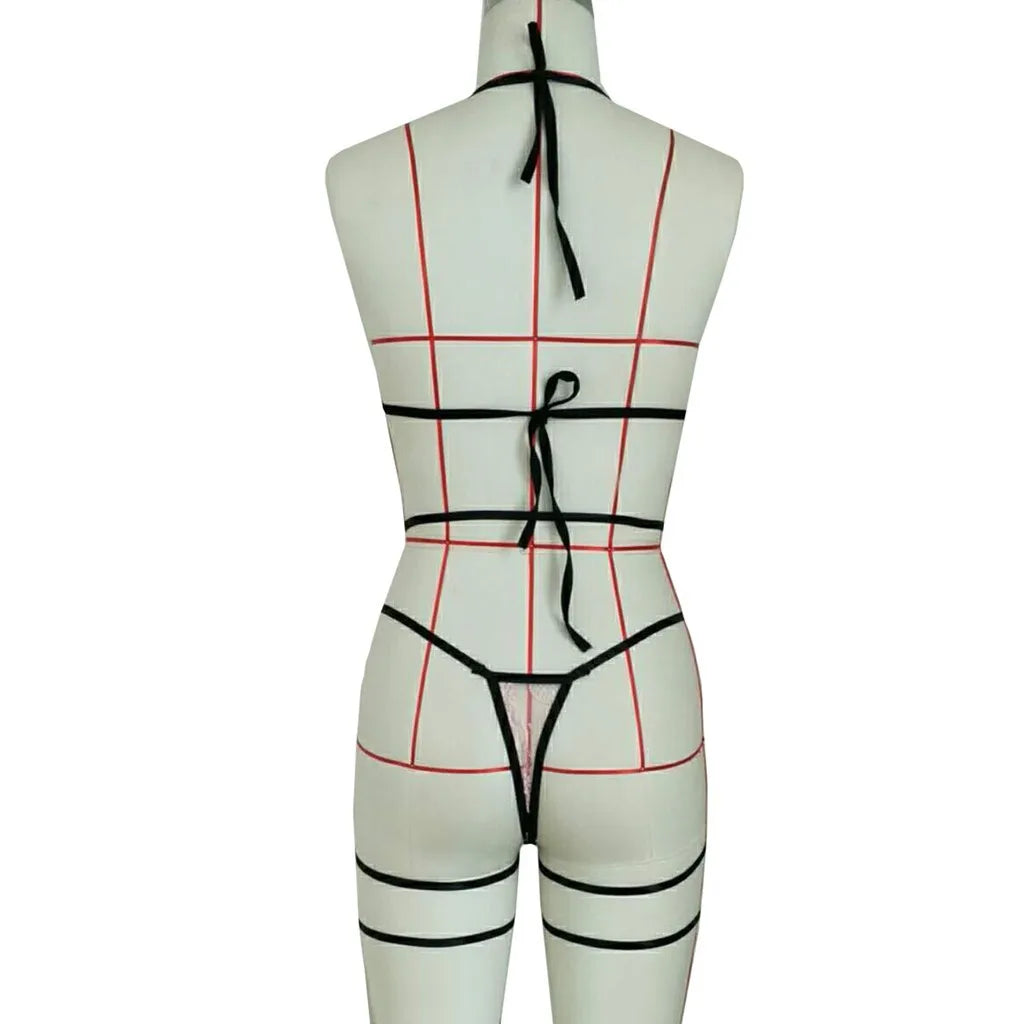 Tornova Sexy Halter Underwear Suit Women's Sexy Lace Mesh Patchwork Hollow Out Garters Lingerie Sexy Contrast Color Lingerie Set