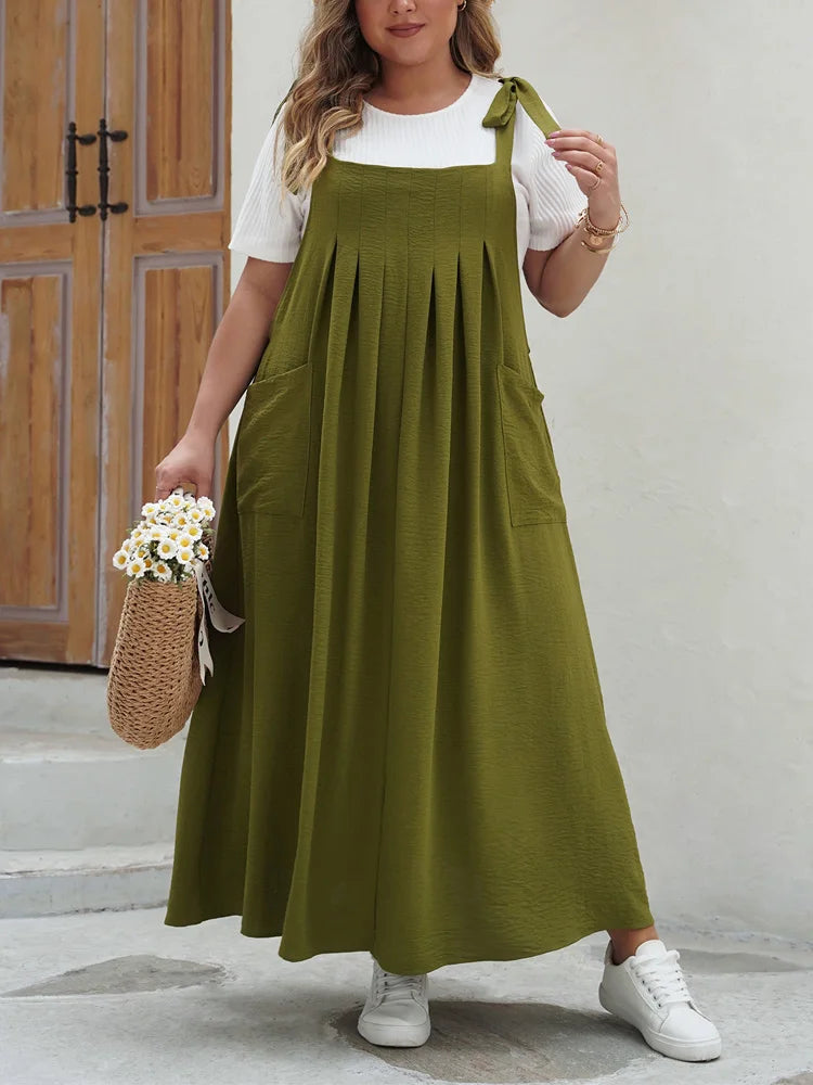 GIBSIE Plus Size Solid Tie Shoulder Overalls Dress For Women