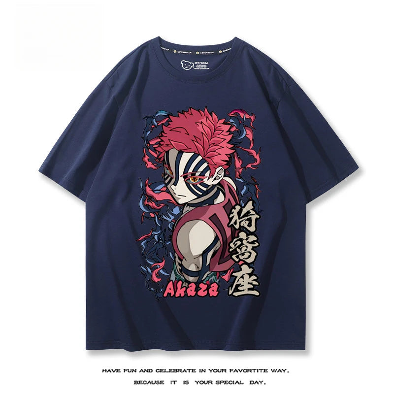 Hot Anime Demon Slayer Akaza Printed 100% Cotton T-Shirt Summer Outdoor Casual Comfortable Trendy Street Men's