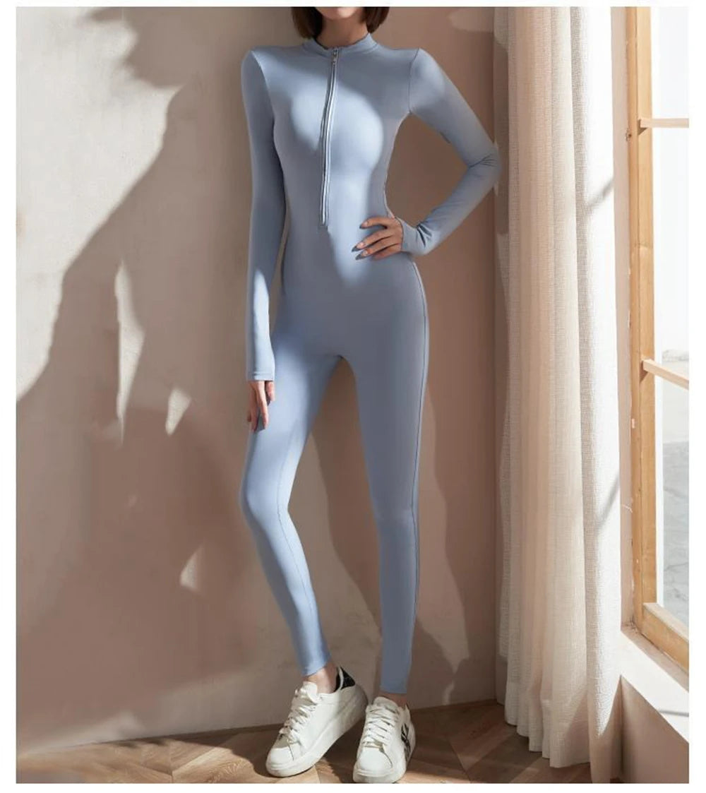 Womens Jumpsuits Long Sleeve Yoga Slim Fit Stretch One Piece Romper Sexy Fitness Female Black Basic Sportwears Tight Zipper