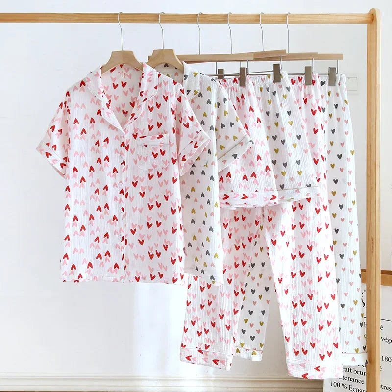 Small Love Heart Printed Cotton Pajamas for Women Three Piece Set Spring and Summer Short Sleeved Shorts Homewear Long Pants Set
