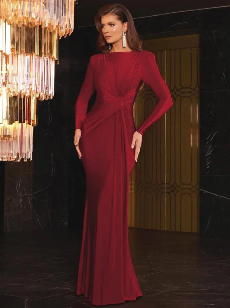 Women's Formal Occasion Dress Elegant Ladies O-neck Long Sleeve Folds High Waist Bodycon Gray Dresses Evening Party Robe