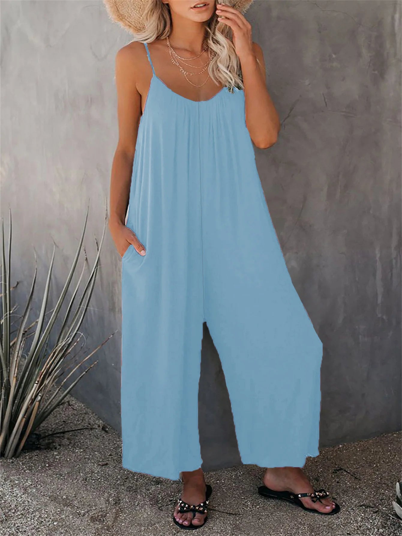 European and American Suspender Women's 2023 Summer New Foreign Trade Tolid Color Pocket Casual Jumpsuit