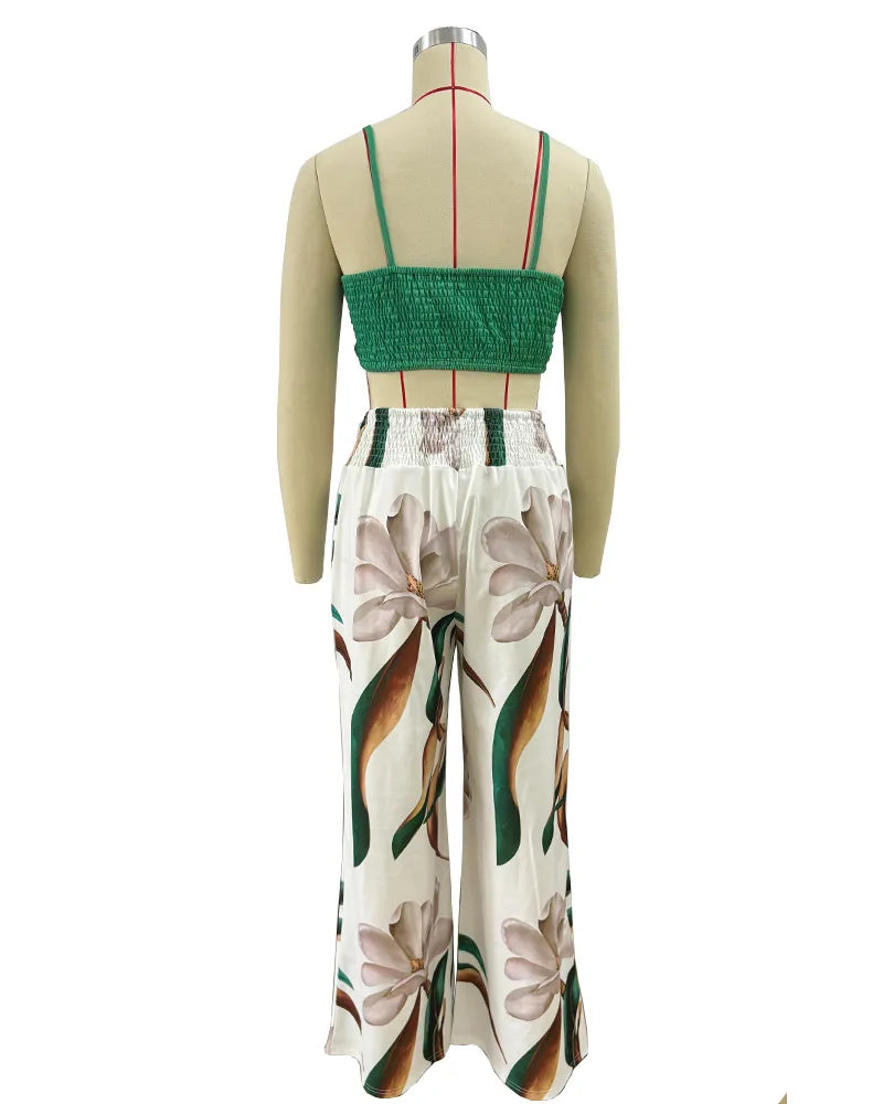 Women's 2024 Summer New Commuter Sexy Sleeveless Short Strap Pants Two Piece Set Fashion Printed Strap Wide Leg Pants Set