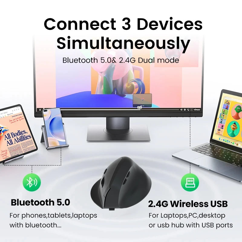 Vertical Mouse Ergonomic 2.4GHz Wireless Optical Mice Bluetooth 5.2 DPI 800/1200/1600 6 Buttons for Laptop PC Computer Desktop