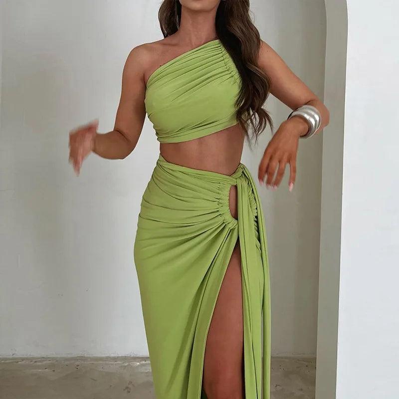 Ladies Summer 2 Pieces Set Women Sleeveless Backless Strap Spit Crop Top Side Slit Slim Long Skirt Evening Party Club Streetwear
