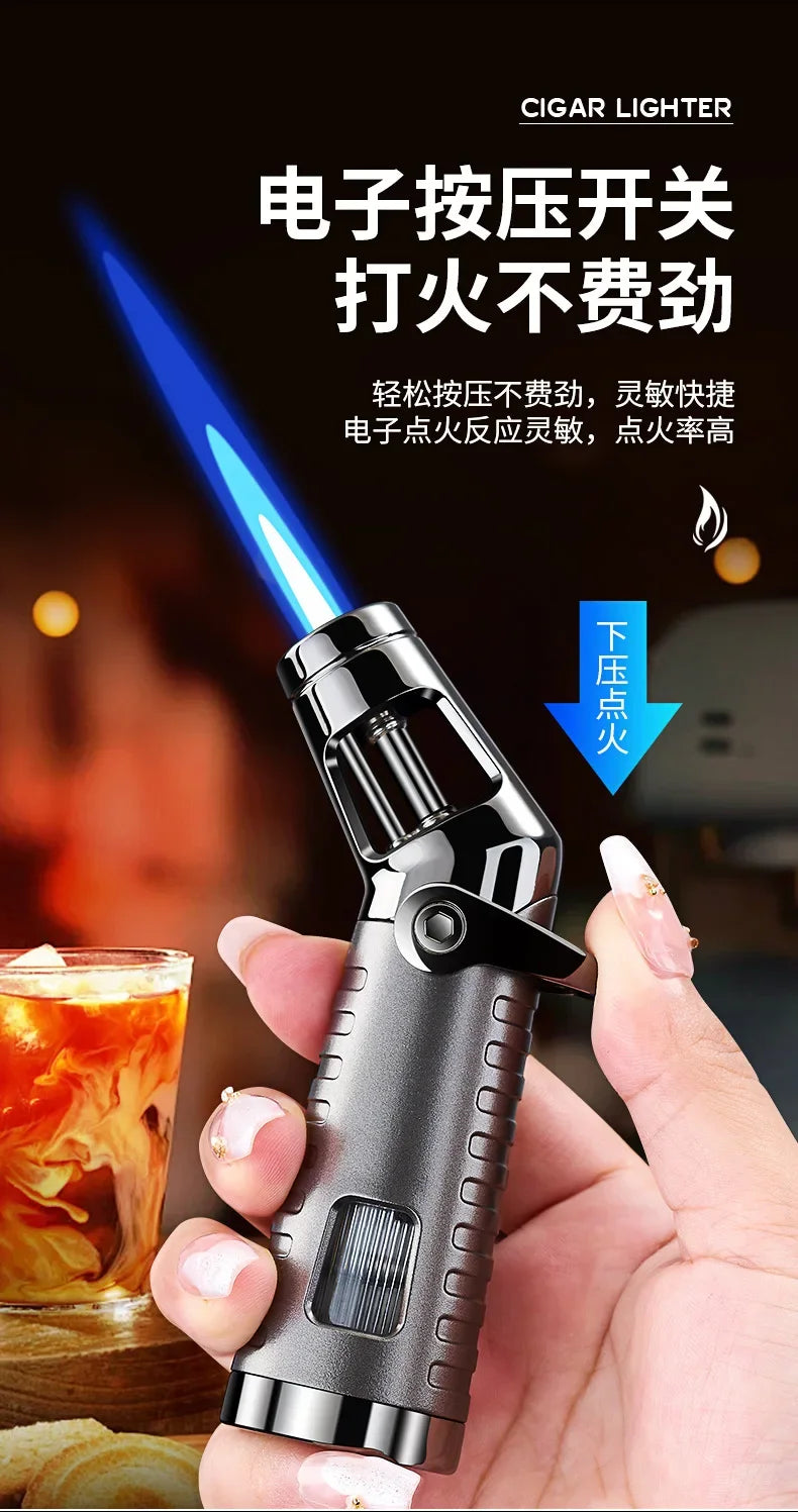 New Windproof Inflatable Lighter Metal Visible Window Jet Flame Turbine Outdoor Lighter Cigar Barbecue Camping Tool