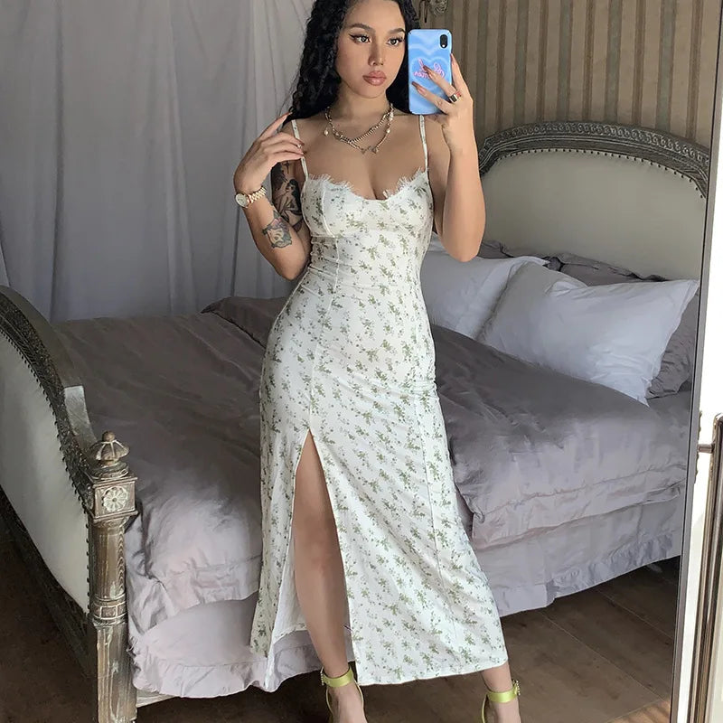 Ladies Summer Floral Print Fashion Evening Party Dress Women Sleeveless Backless Side Slit Midi Dresses Woman Clothes Clubwear