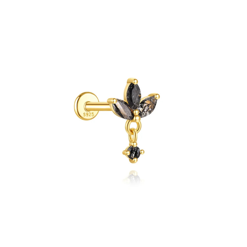 CANNER 1PC Natural Black Hair Quartz 925 Sterling Silver Horse Eye Flat Head Thread Puncture Earring Flower Piercing Earring