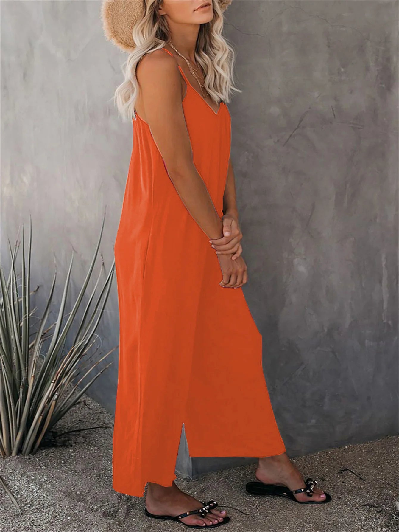 European and American Suspender Women's 2023 Summer New Foreign Trade Tolid Color Pocket Casual Jumpsuit