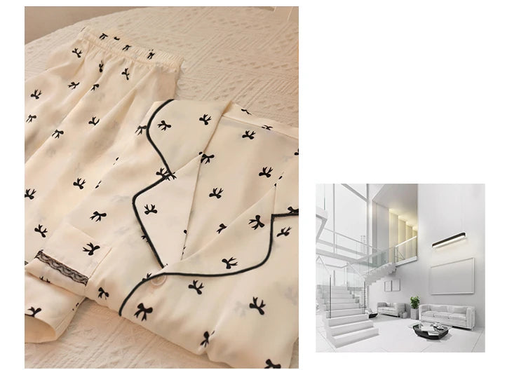 Sweet Cute Lace Flower Side Bow Print Women's Pajamas Simulated Silk Short Summer Cool Lady Lounges 2024 New Classy Y2k Homewear