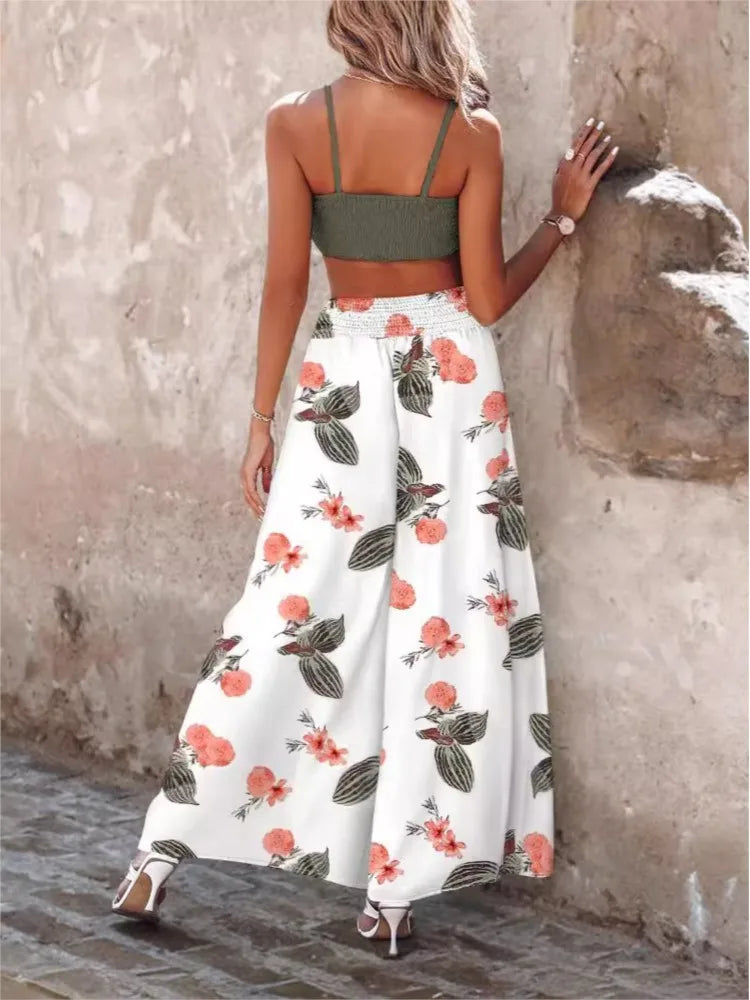 Women's 2024 Summer New Commuter Sexy Sleeveless Short Strap Pants Two Piece Set Fashion Printed Strap Wide Leg Pants Set