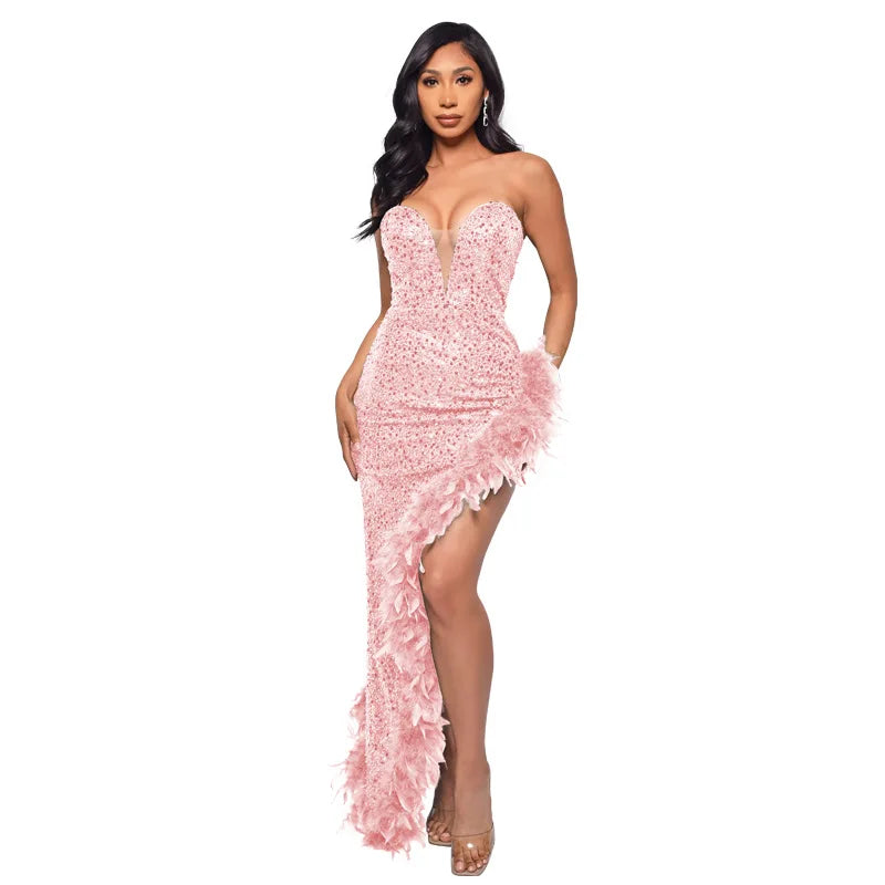 Ladies Summer Elegant Evening Party Dress Women Sleeveless Backless Tube Side Slit Long Dress Woman Clothes Birthday Clubwear